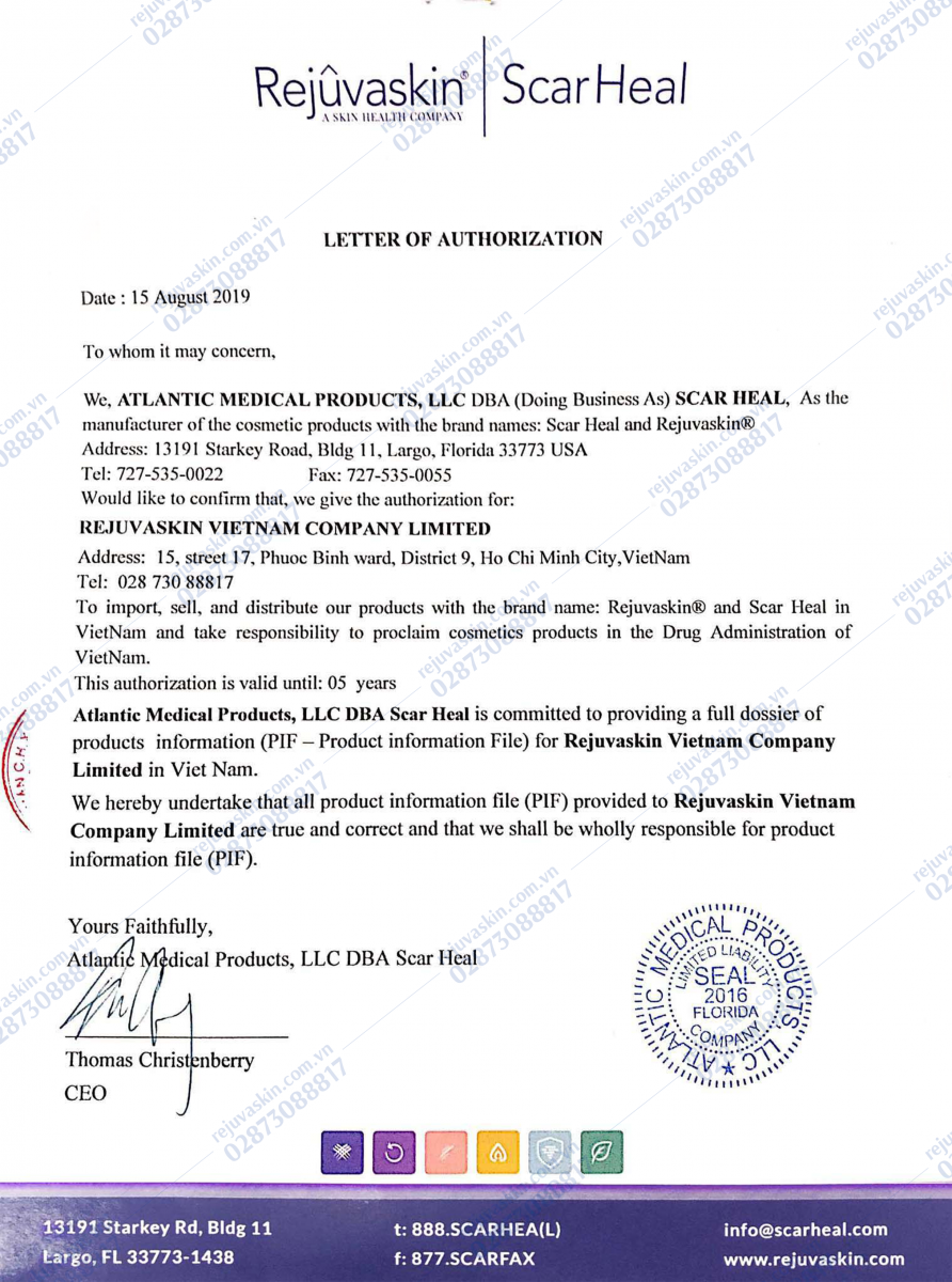 Rejuvaskin Việt Nam là công ty được Rejuvaskin Hoa Kỳ ủy quyền là đại diện chính thức và hợp pháp duy nhất  tại Việt Nam nhập khẩu và phân phối sản phẩm Rejuvaski