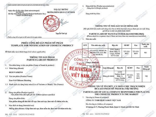 Giấy chứng nhận của Bộ Y tế của sản phẩm miếng dán Scar Fx