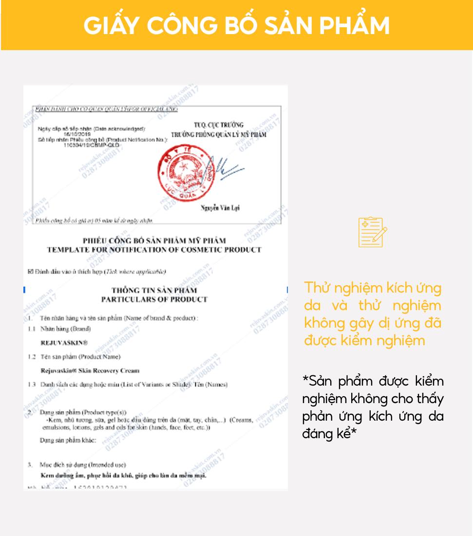 phiếu công bố Kem dưỡng ẩm và phục hồi Skin Recovery