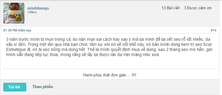 Một khách hàng chia sẻ trên webtretho về hiệu quả mà mình có được